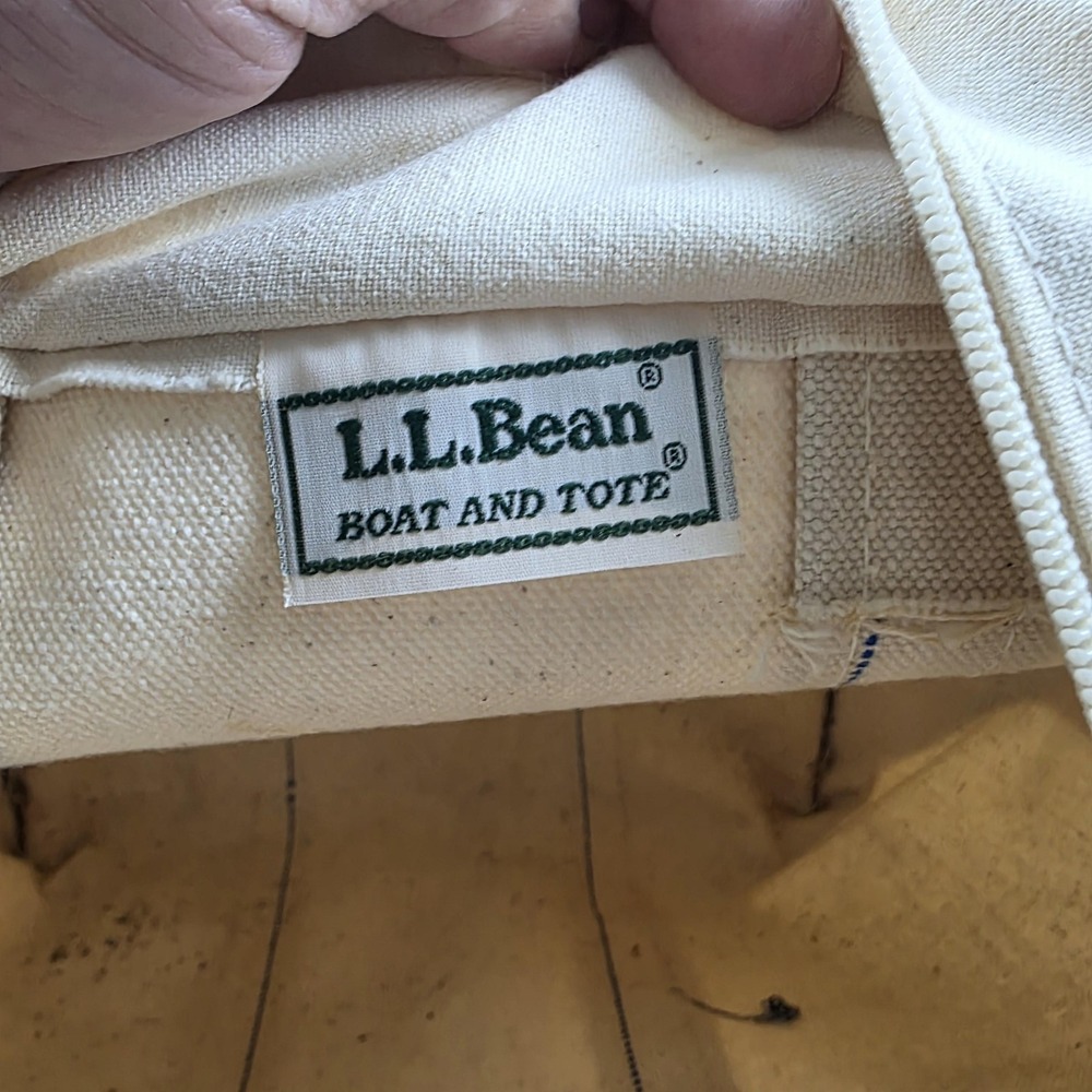 L.L. Bean Boat And Tote Bag Womens Small Beige Blue Canvas Zip Top Beach Casual - Picture 14 of 14